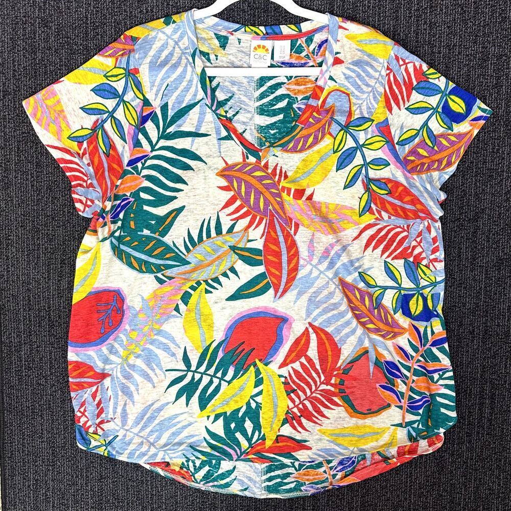 C&C California Womens Linen T-Shirt Top Size 1X Multicolor Tropical Floral